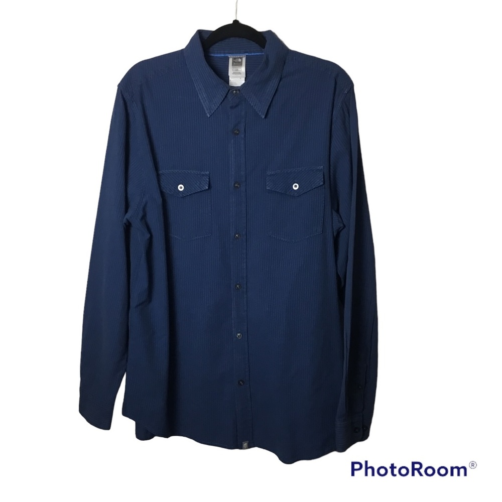 The North Face blue on blue striped long sleeve button up shirt. Large